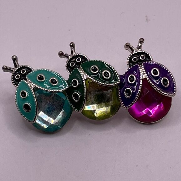 Vintage Ladybugs Brooch Pin Jeweled Silvertone 1 1/2” Width Whimiscal Fairycore - Picture 3 of 7